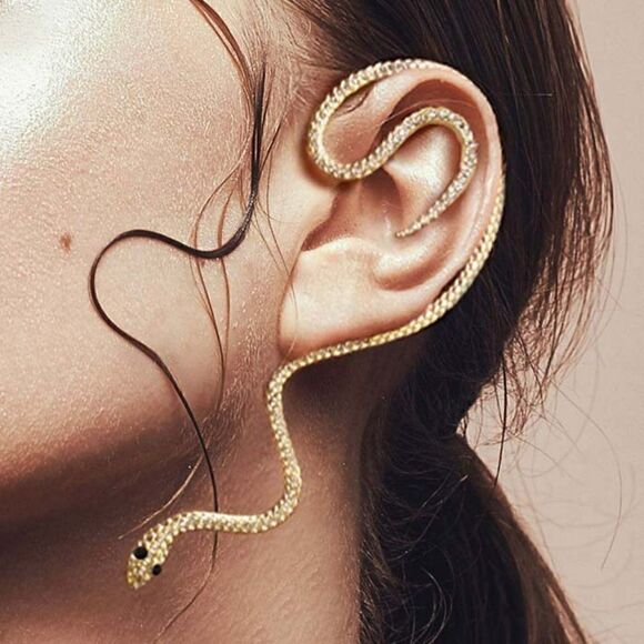 Snake Ear Cuff Rhinestone Embellished Gold Metal Earring - Picture 1 of 6
